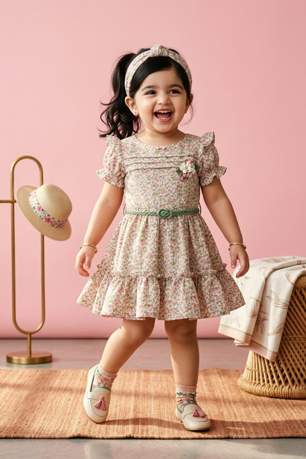 Girls Pink Floral Ruffle Dress TSM30404