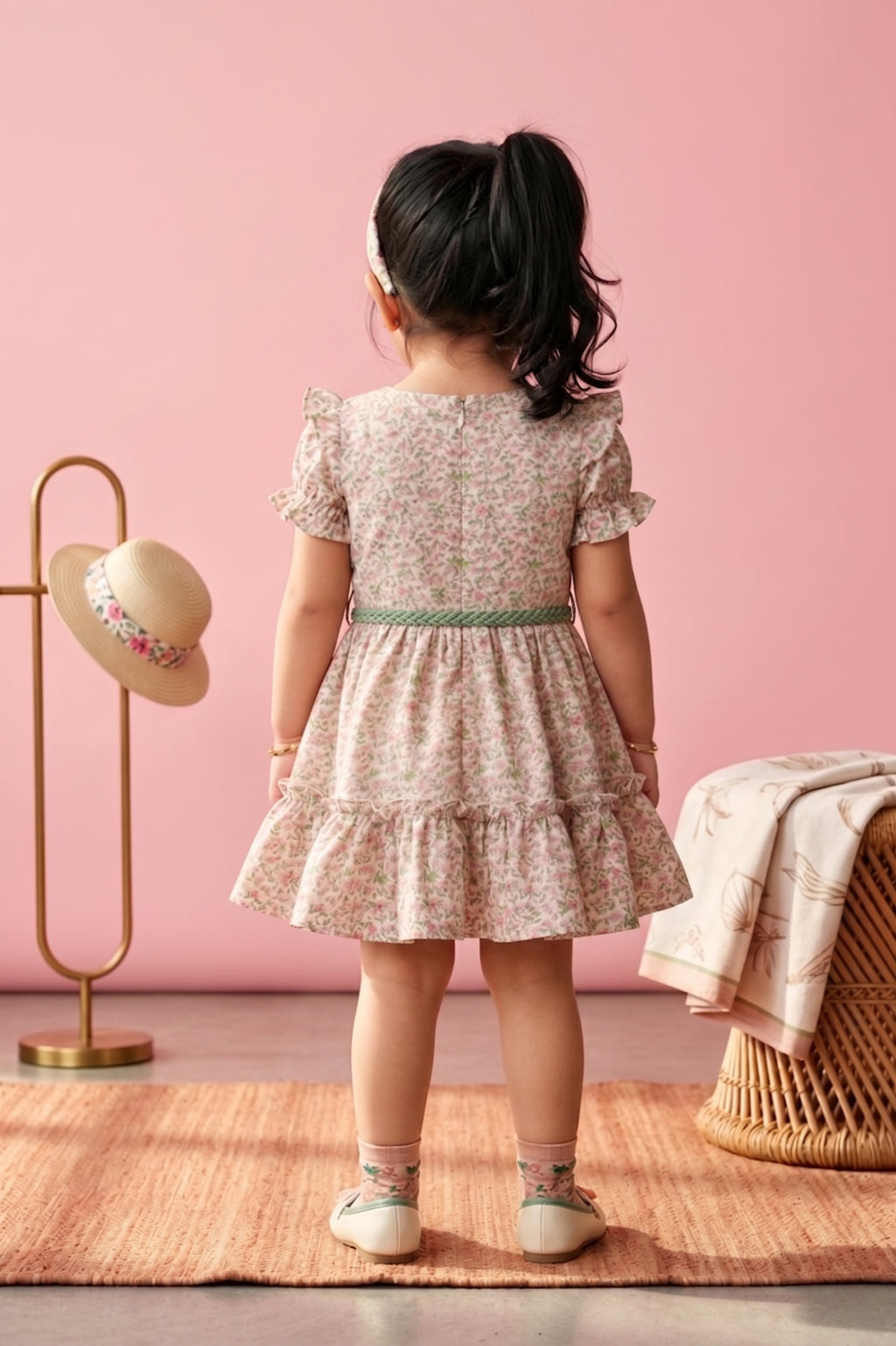 Girls Pink Floral Ruffle Dress TSM30404