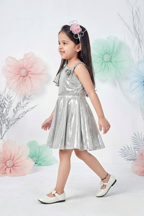 Girls Silver Shimmer One-Shoulder Party Dress TSM30407