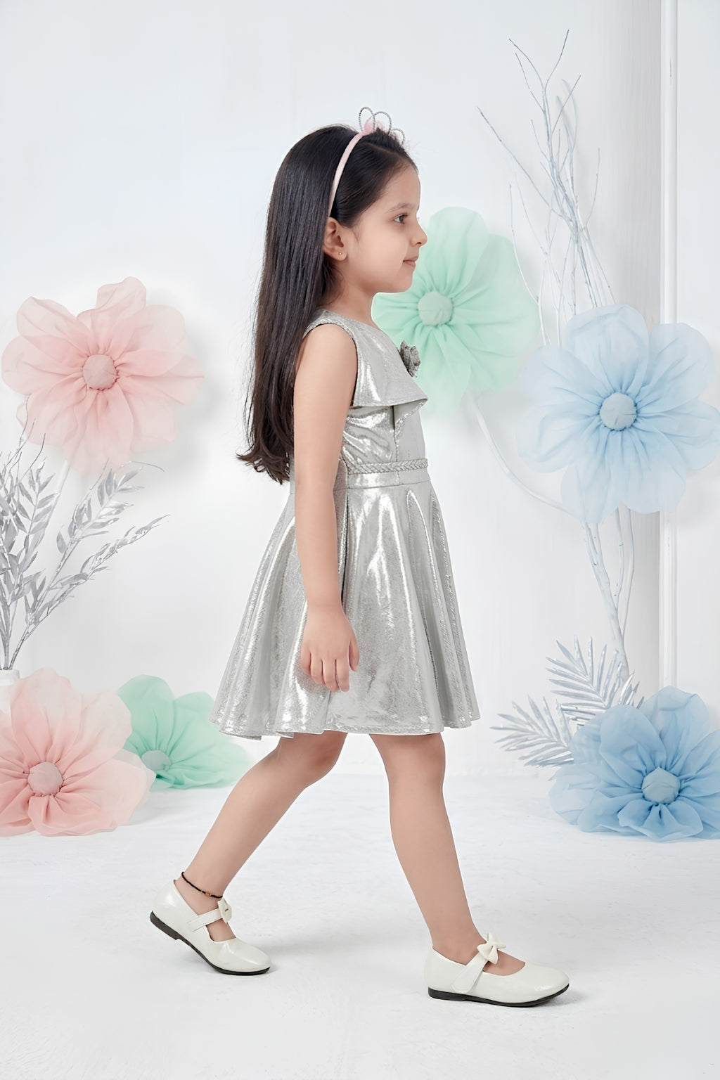 Girls Silver Shimmer One-Shoulder Party Dress TSM30407
