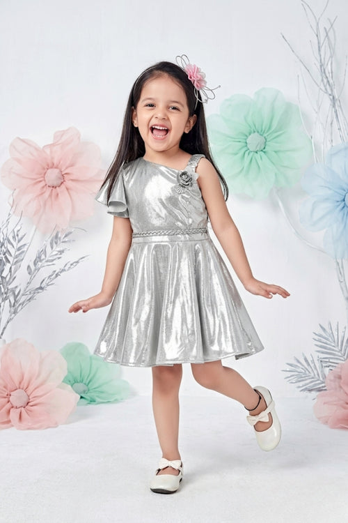 Girls Silver Shimmer One-Shoulder Party Dress TSM30407