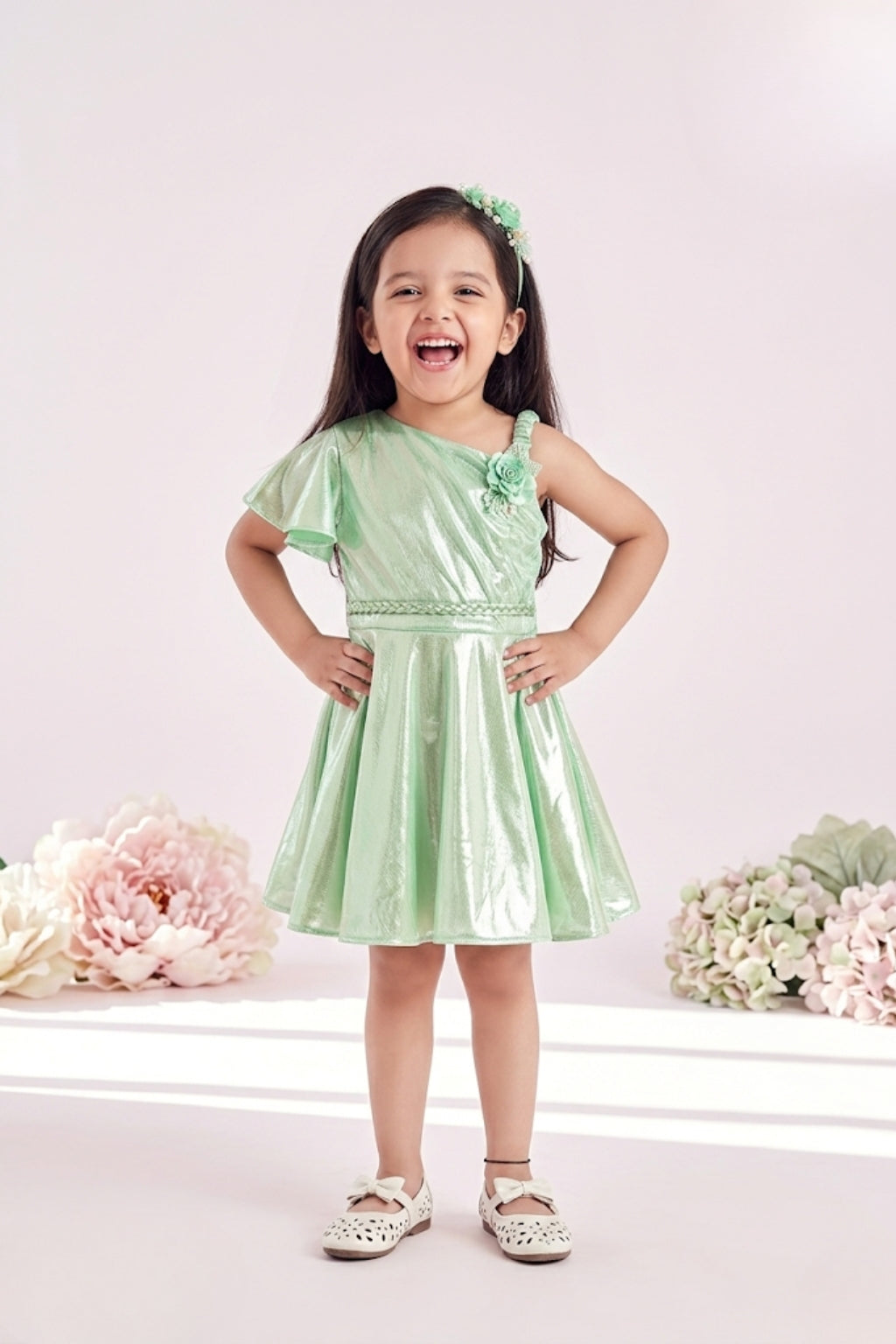 Girls Green Shimmer One-Shoulder Dress TSM30407