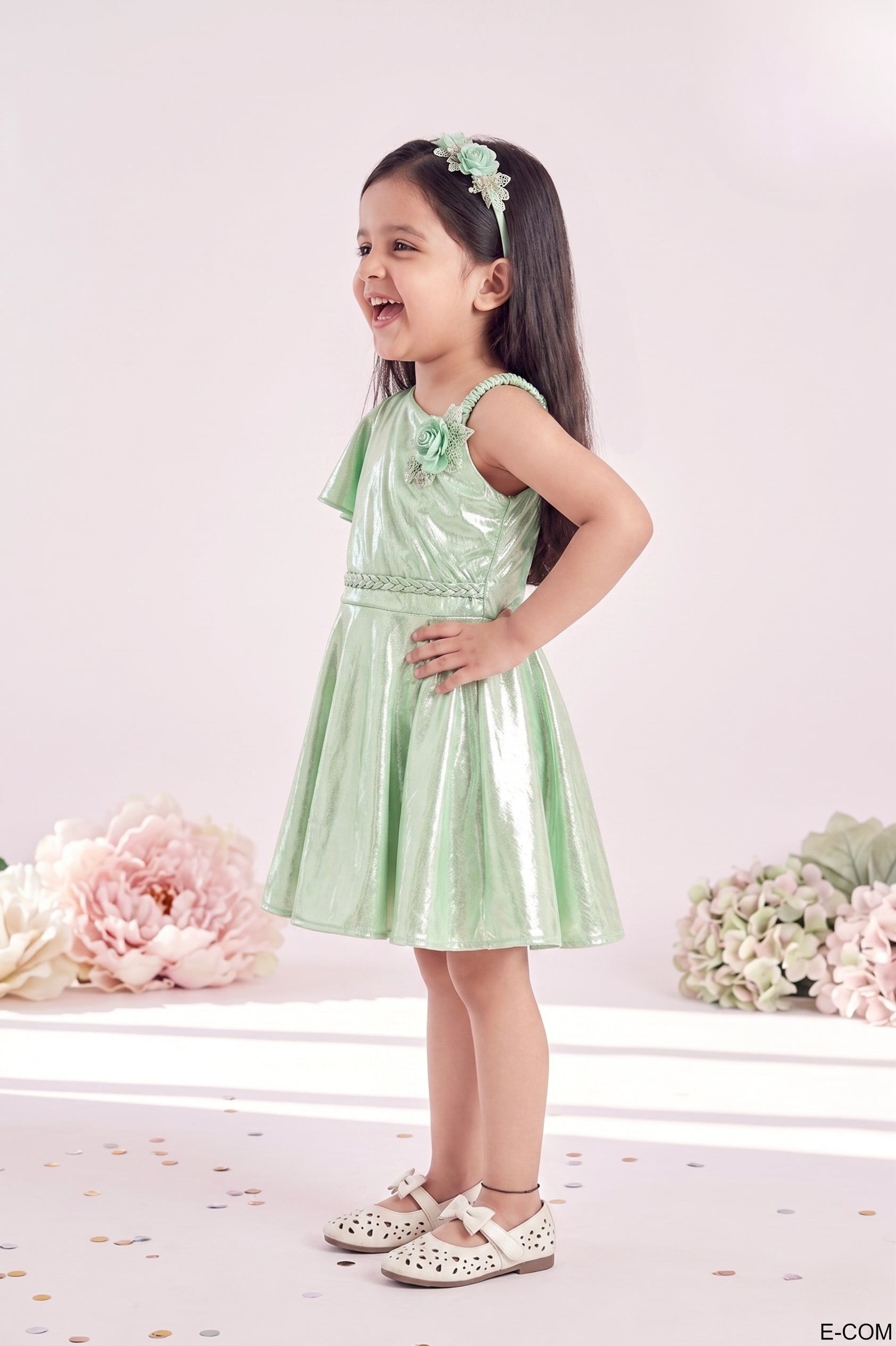 Girls Green Shimmer One-Shoulder Dress TSM30407