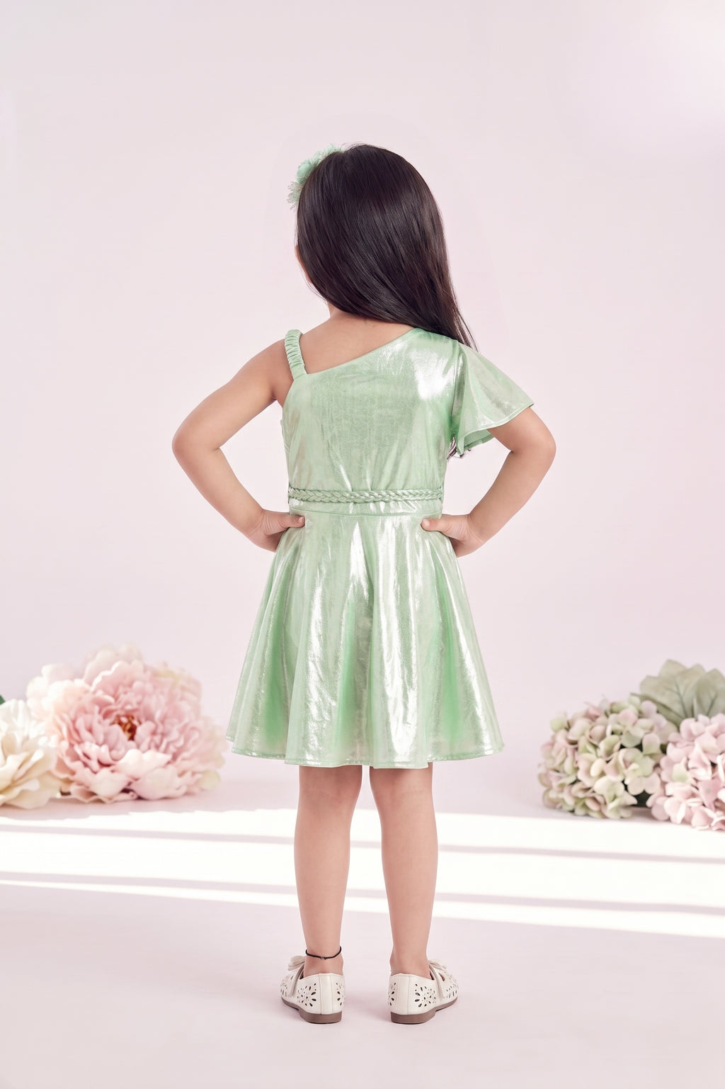Girls Green Shimmer One-Shoulder Dress TSM30407