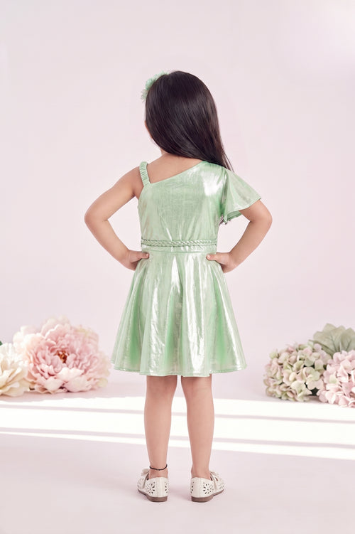 Girls Green Shimmer One-Shoulder Dress TSM30407