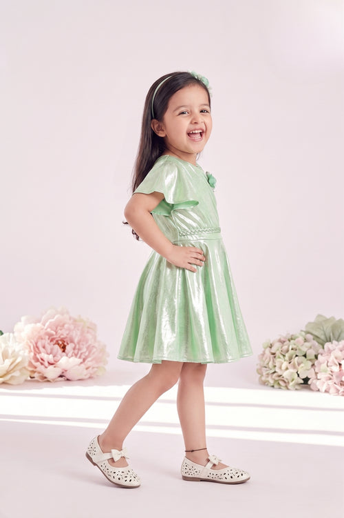 Girls Green Shimmer One-Shoulder Dress TSM30407