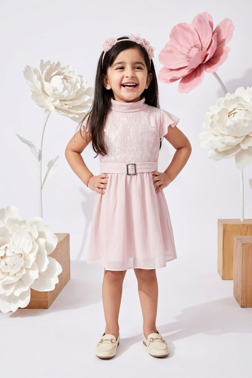 Girls Pink Sequin Party Dress with Belt Detail TSM30431