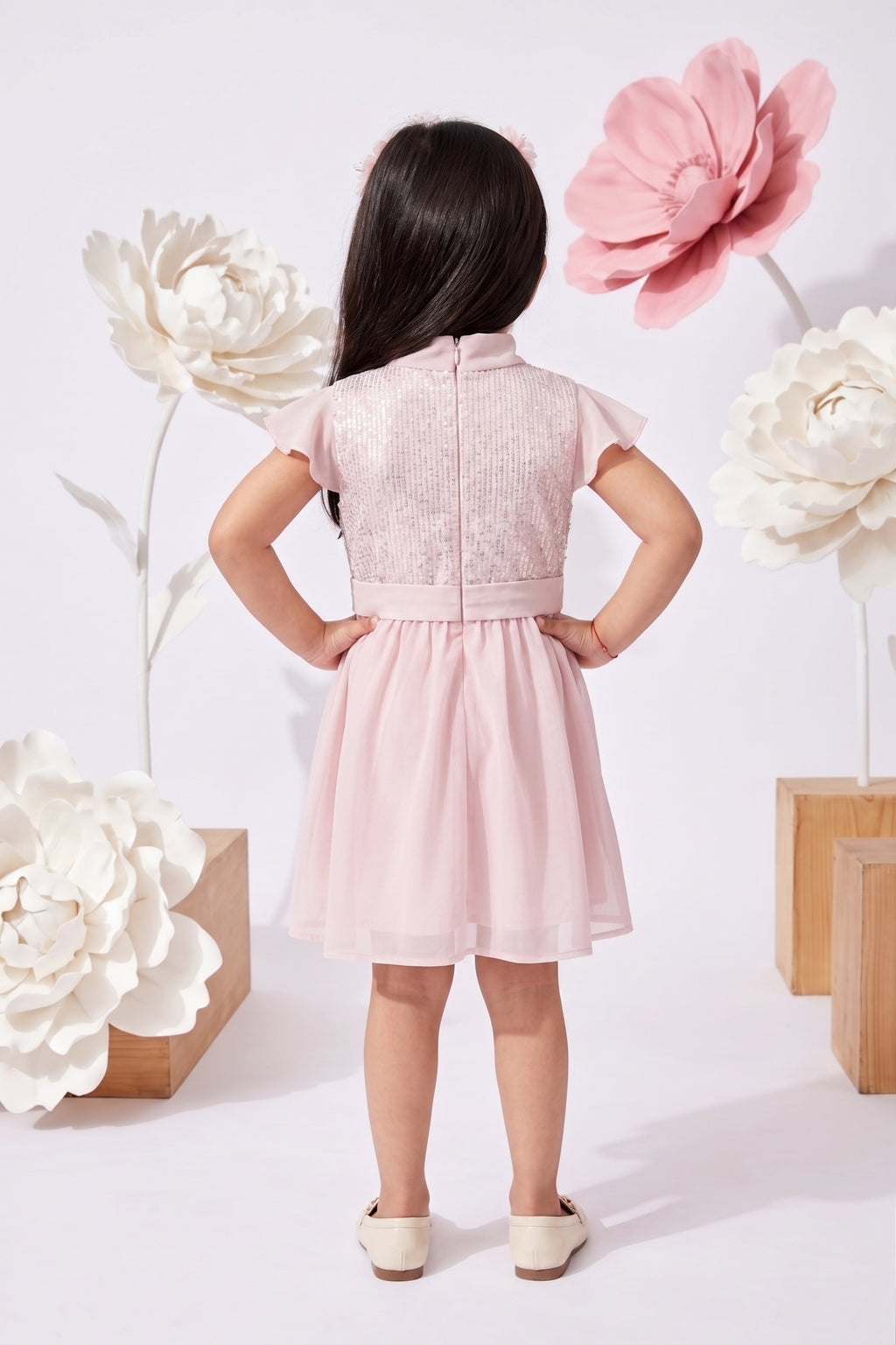 Girls Pink Sequin Party Dress with Belt Detail TSM30431