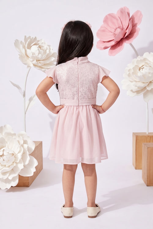 Girls Pink Sequin Party Dress with Belt Detail TSM30431
