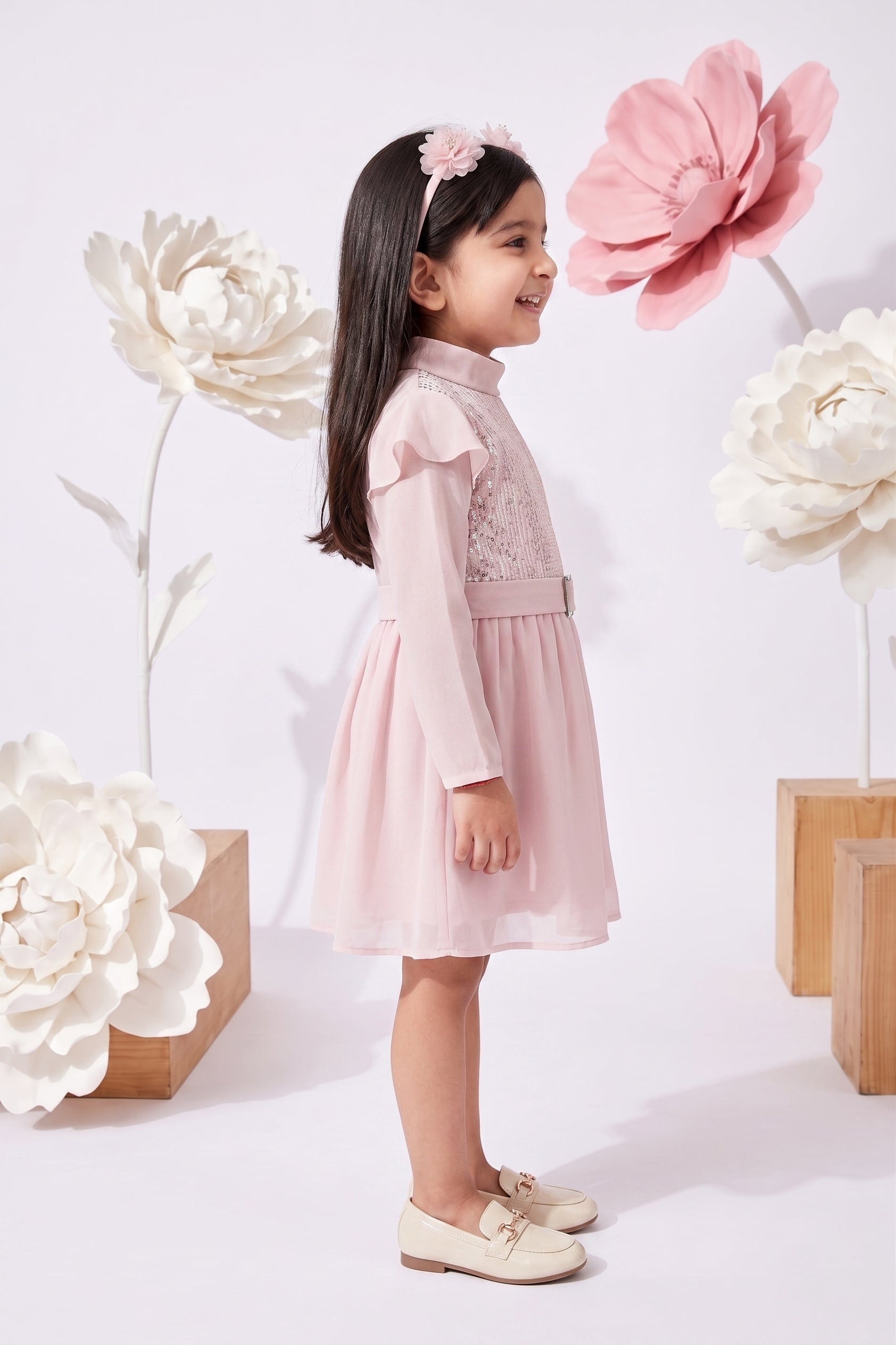Girls Pink Sequin Party Dress with Belt Detail TSM30431