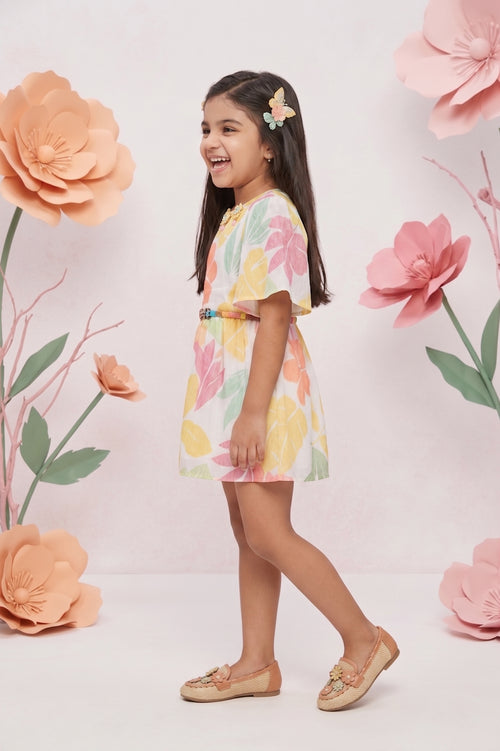 Girls Tropical Bloom Flutter Sleeve Belted Dress TSM30462