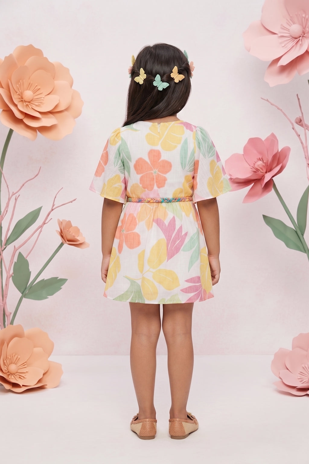 Girls Tropical Bloom Flutter Sleeve Belted Dress TSM30462