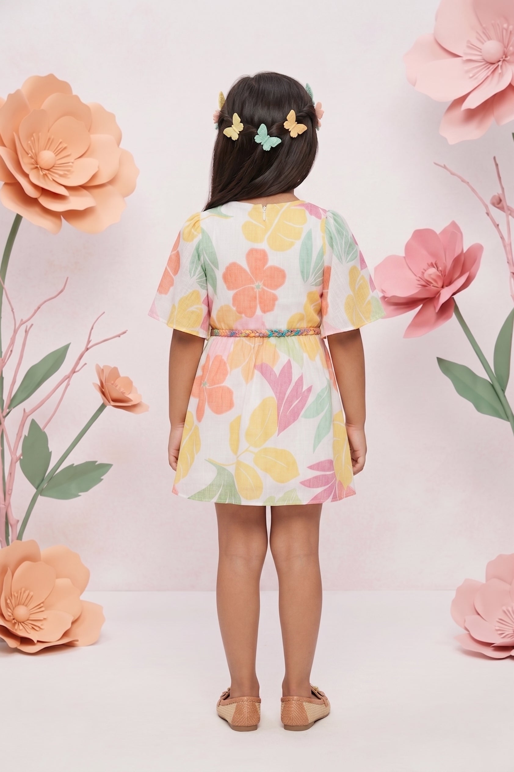 Girls Tropical Bloom Flutter Sleeve Belted Dress TSM30462