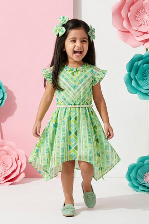 Girls Liril Green Tribal Print Ruffle Dress TSM30468