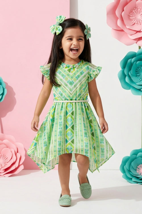 Girls Liril Green Tribal Print Ruffle Dress TSM30468