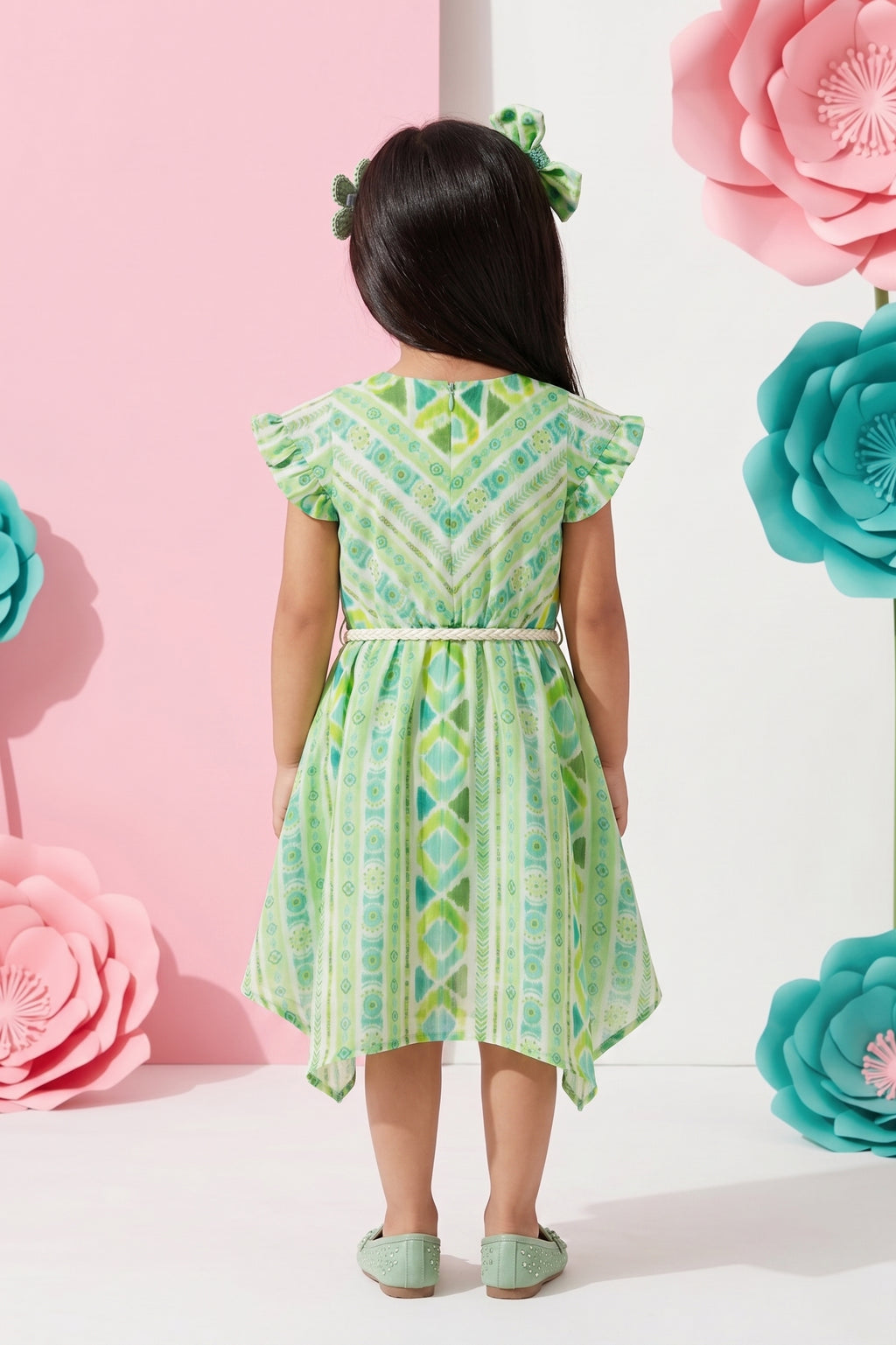 Girls Liril Green Tribal Print Ruffle Dress TSM30468