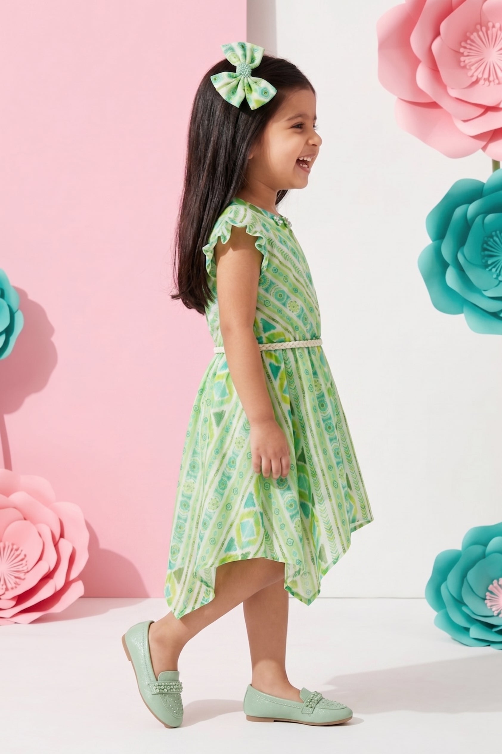 Girls Liril Green Tribal Print Ruffle Dress TSM30468