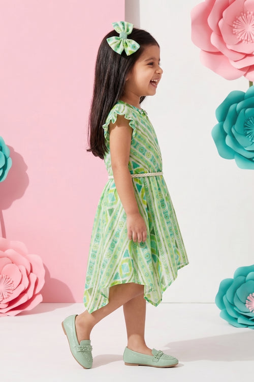 Girls Liril Green Tribal Print Ruffle Dress TSM30468