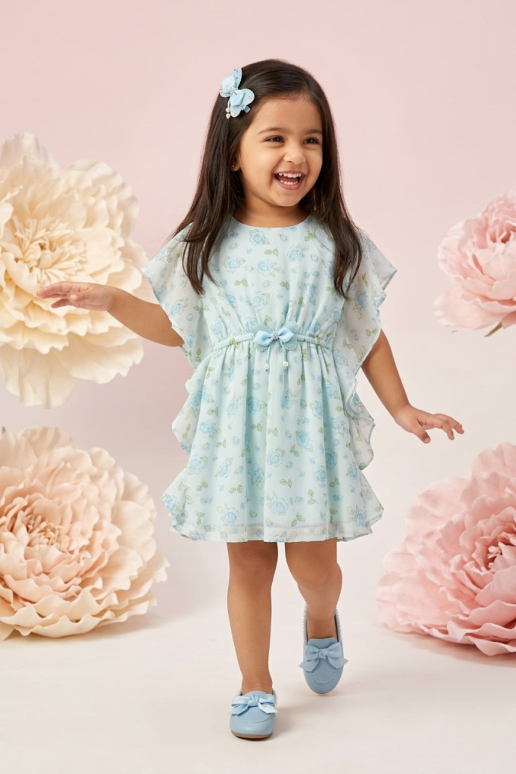 Girls Aqua Floral Ruffle Sleeve Dress TSM30560