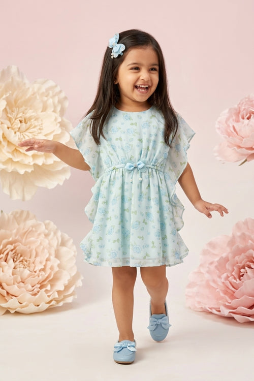 Girls Aqua Floral Ruffle Sleeve Dress TSM30560