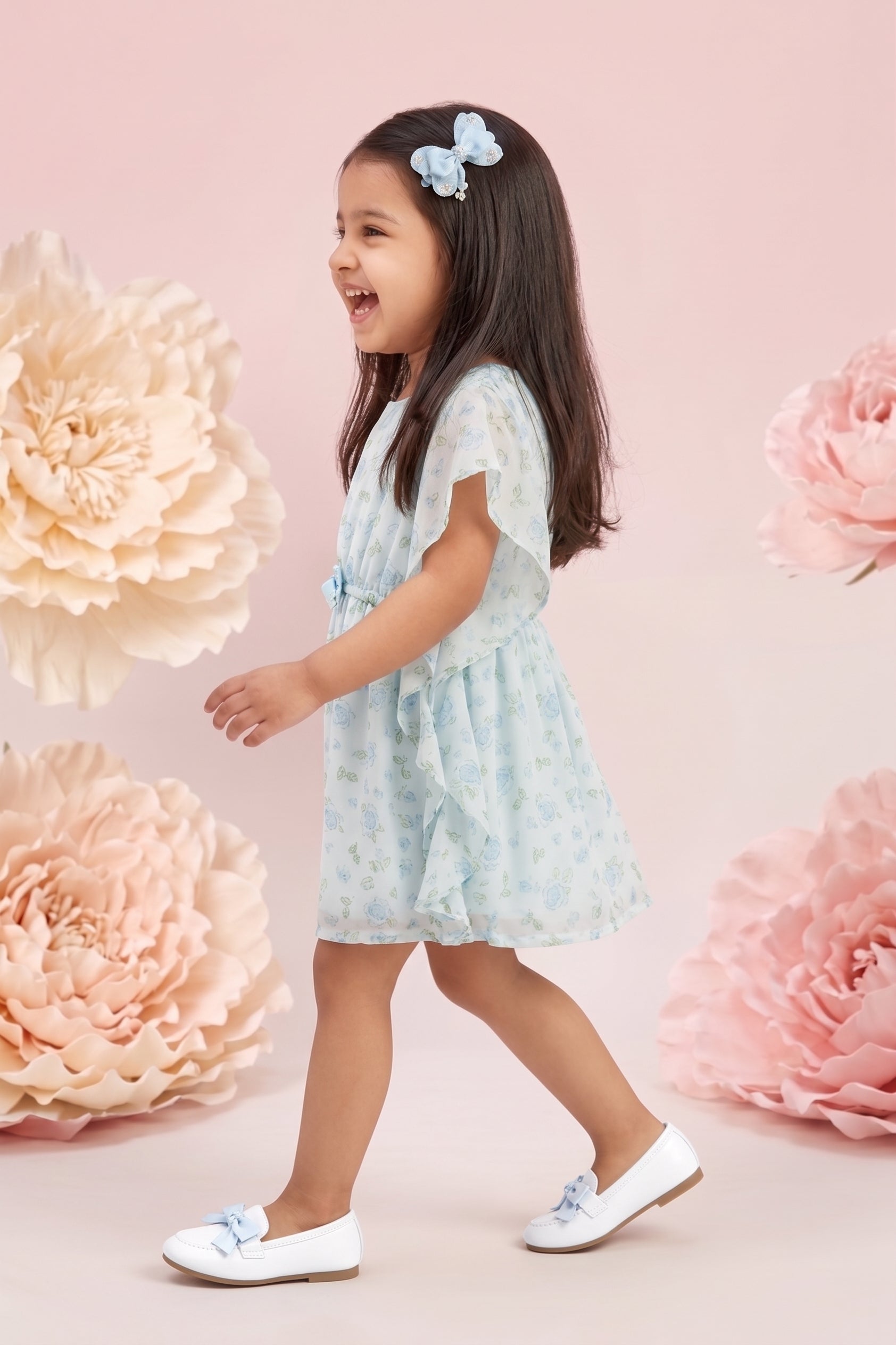 Girls Aqua Floral Ruffle Sleeve Dress TSM30560