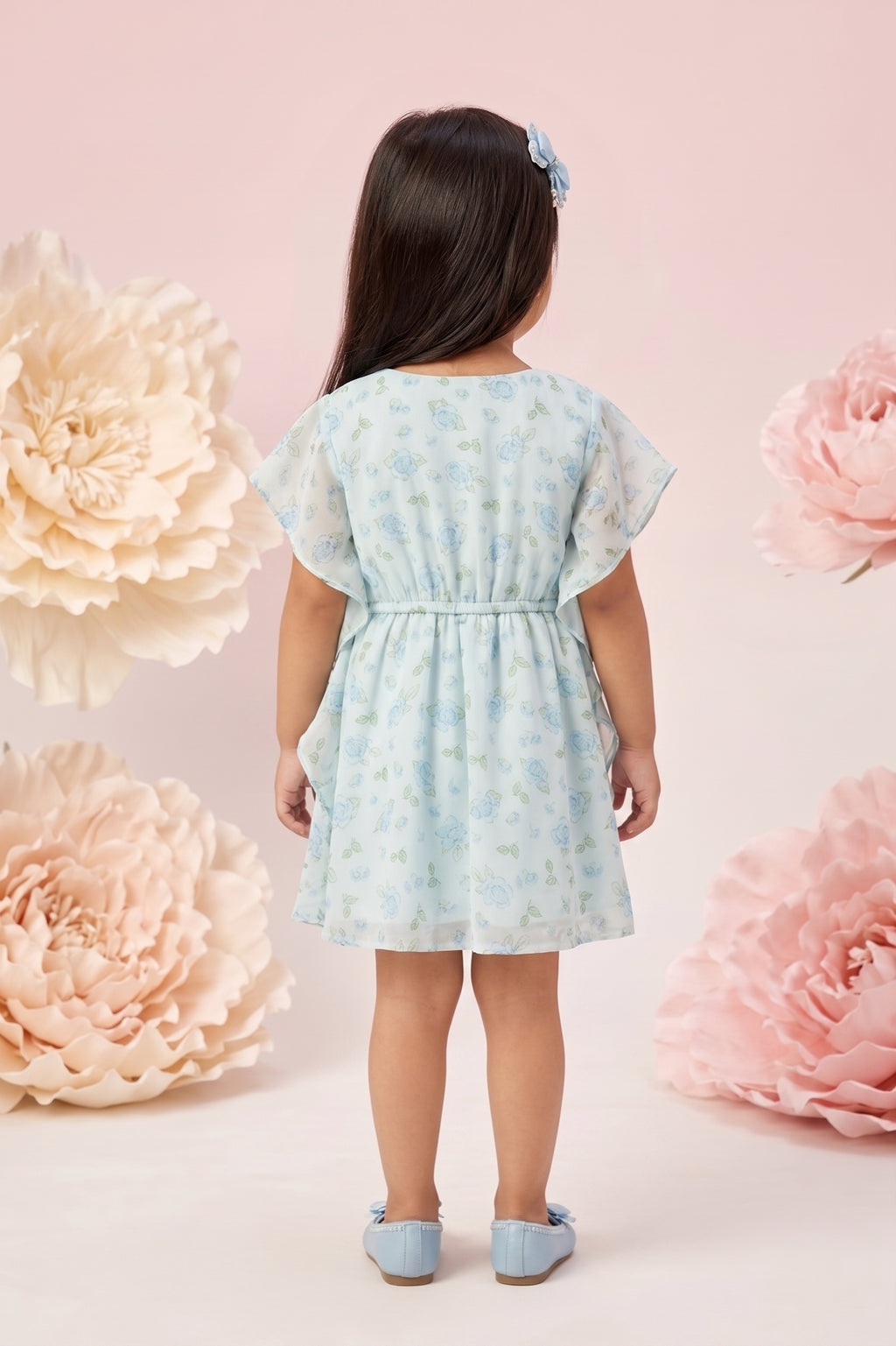 Girls Aqua Floral Ruffle Sleeve Dress TSM30560