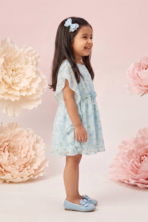 Girls Aqua Floral Ruffle Sleeve Dress TSM30560