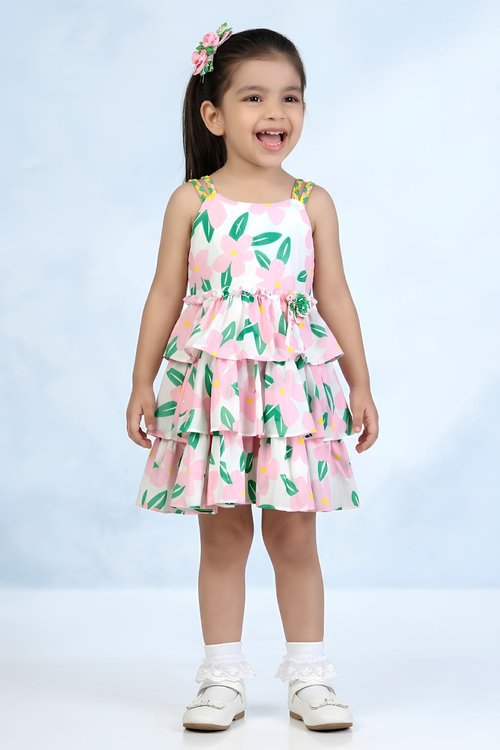 Girls Pink Floral Layered Party Dress TSM30571