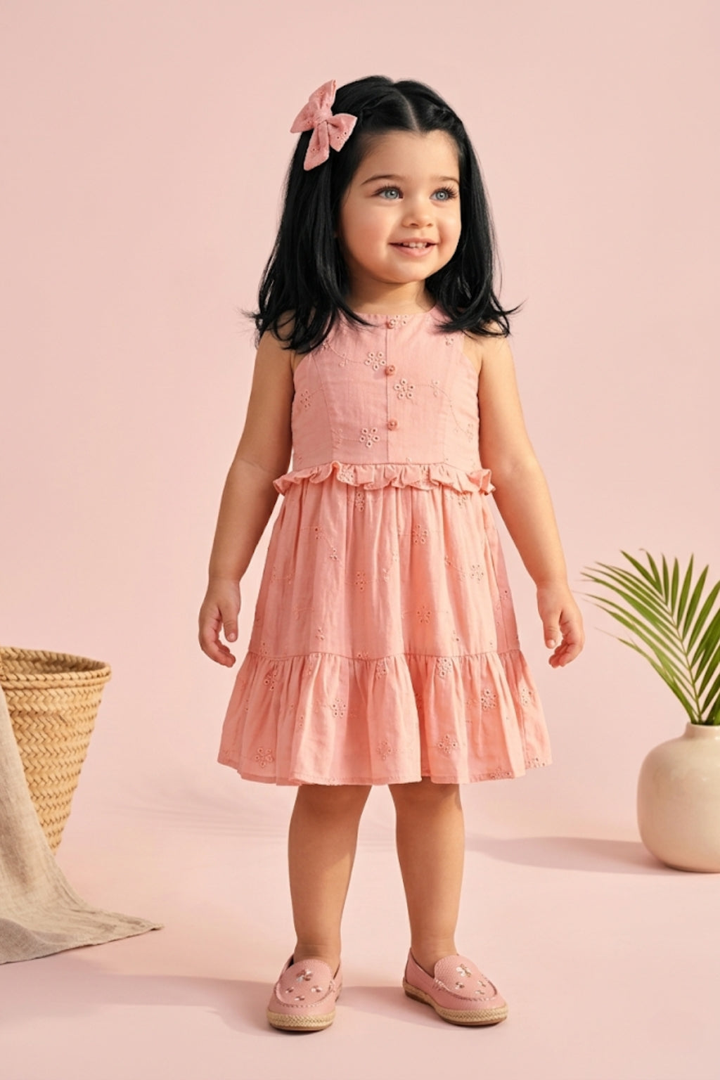 Peach Embroidered Tiered Dress TSM30634