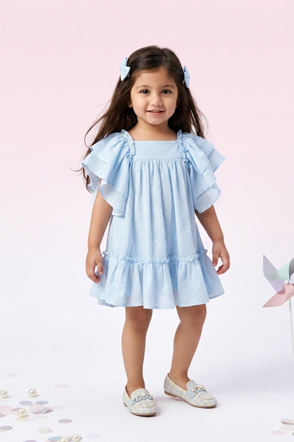 Girls Powder Blue Layered Ruffle Dress TSM30636