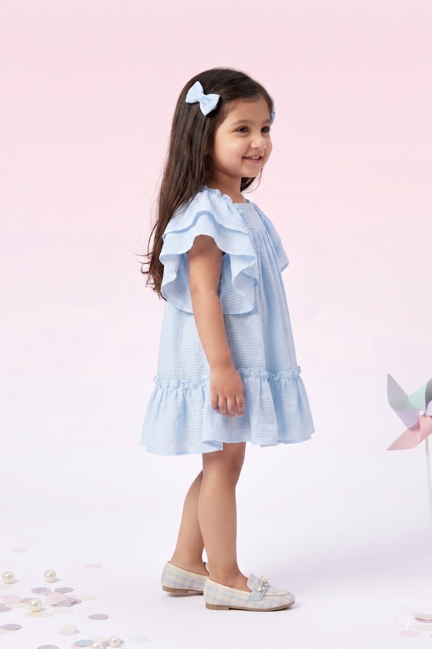 Girls Powder Blue Layered Ruffle Dress TSM30636