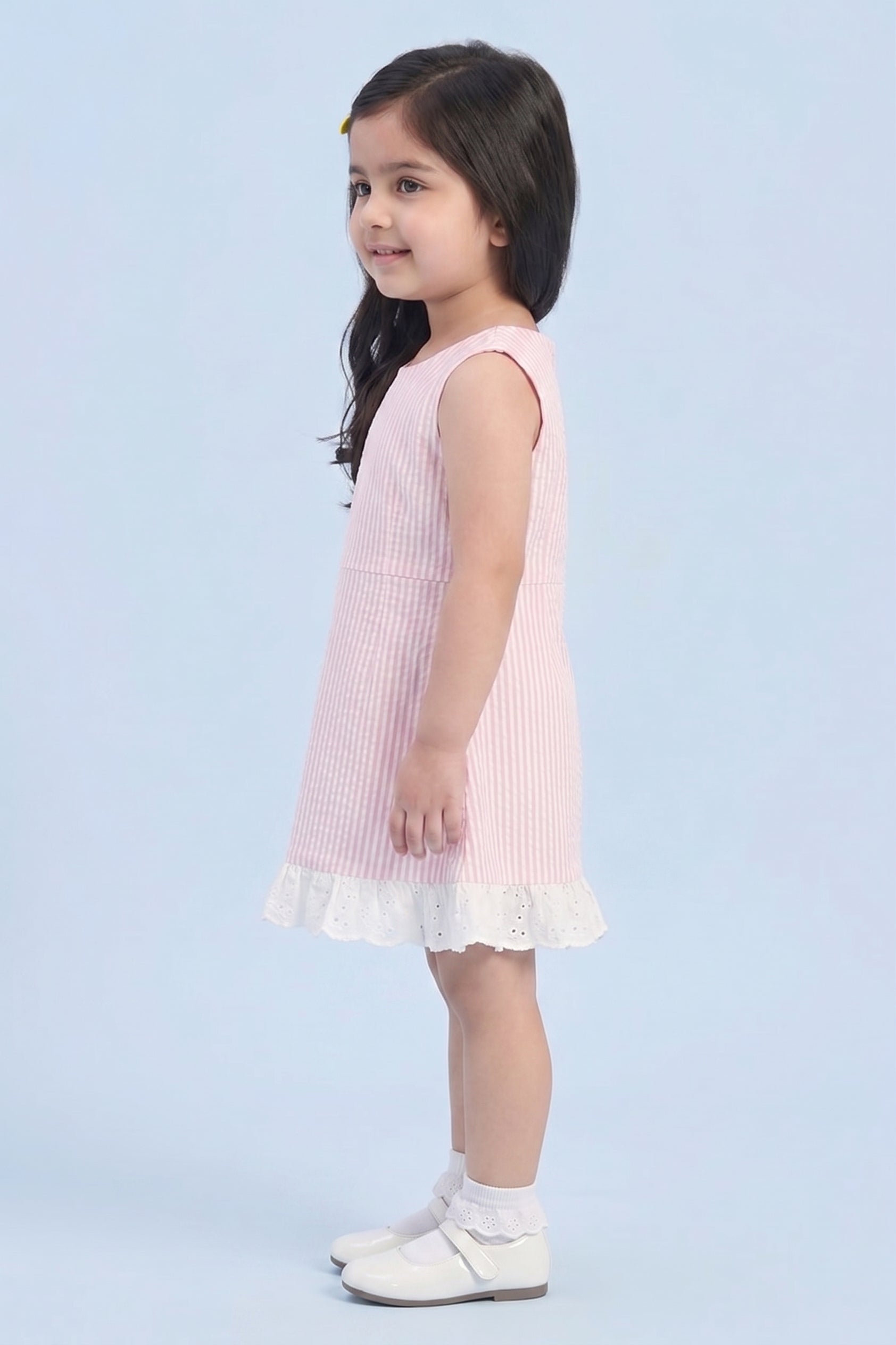 Girls Pink Stripe Bow Detail Lace Hem Dress TSM30641