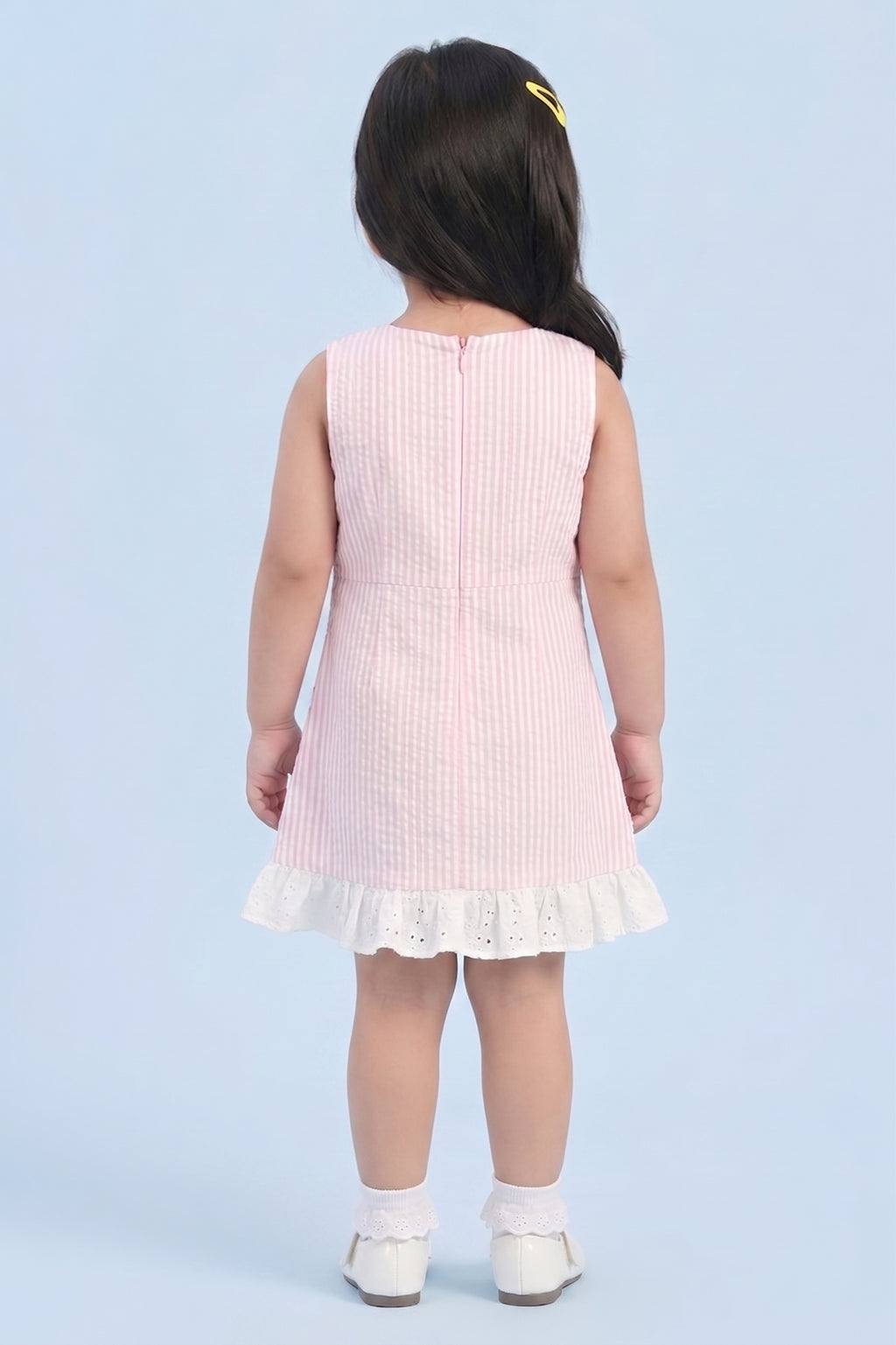 Girls Pink Stripe Bow Detail Lace Hem Dress TSM30641
