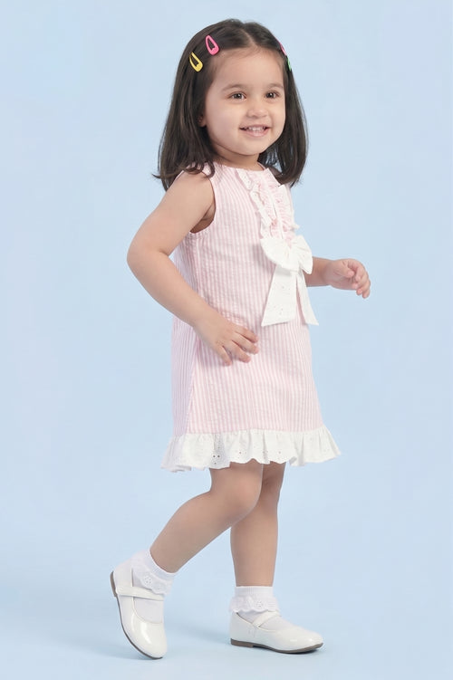 Girls Pink Stripe Bow Detail Lace Hem Dress TSM30641
