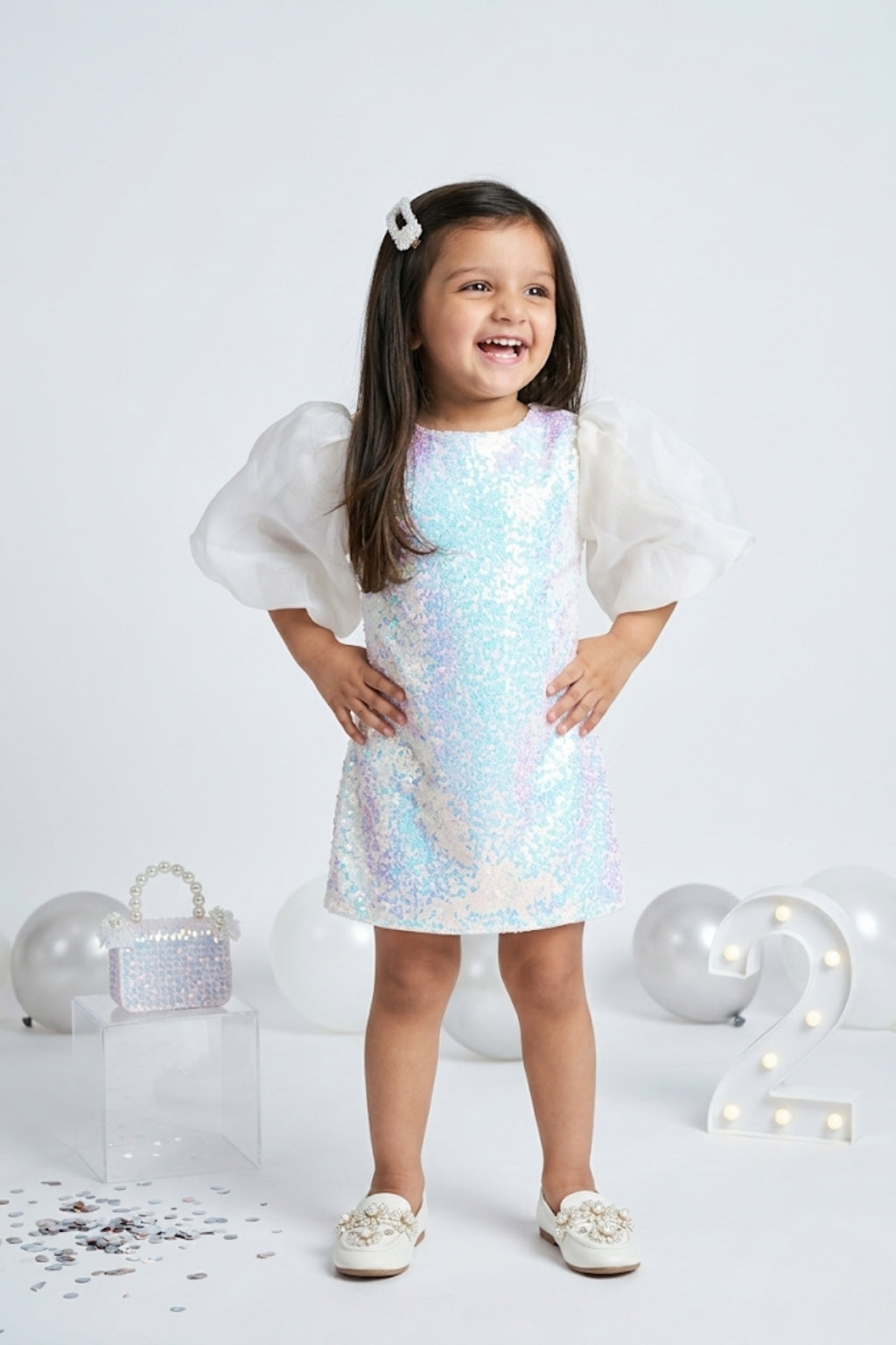 Off-White Sequin Dress with Sheer Puff Sleeves TSM30652