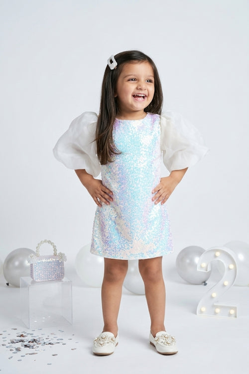 Off-White Sequin Dress with Sheer Puff Sleeves TSM30652