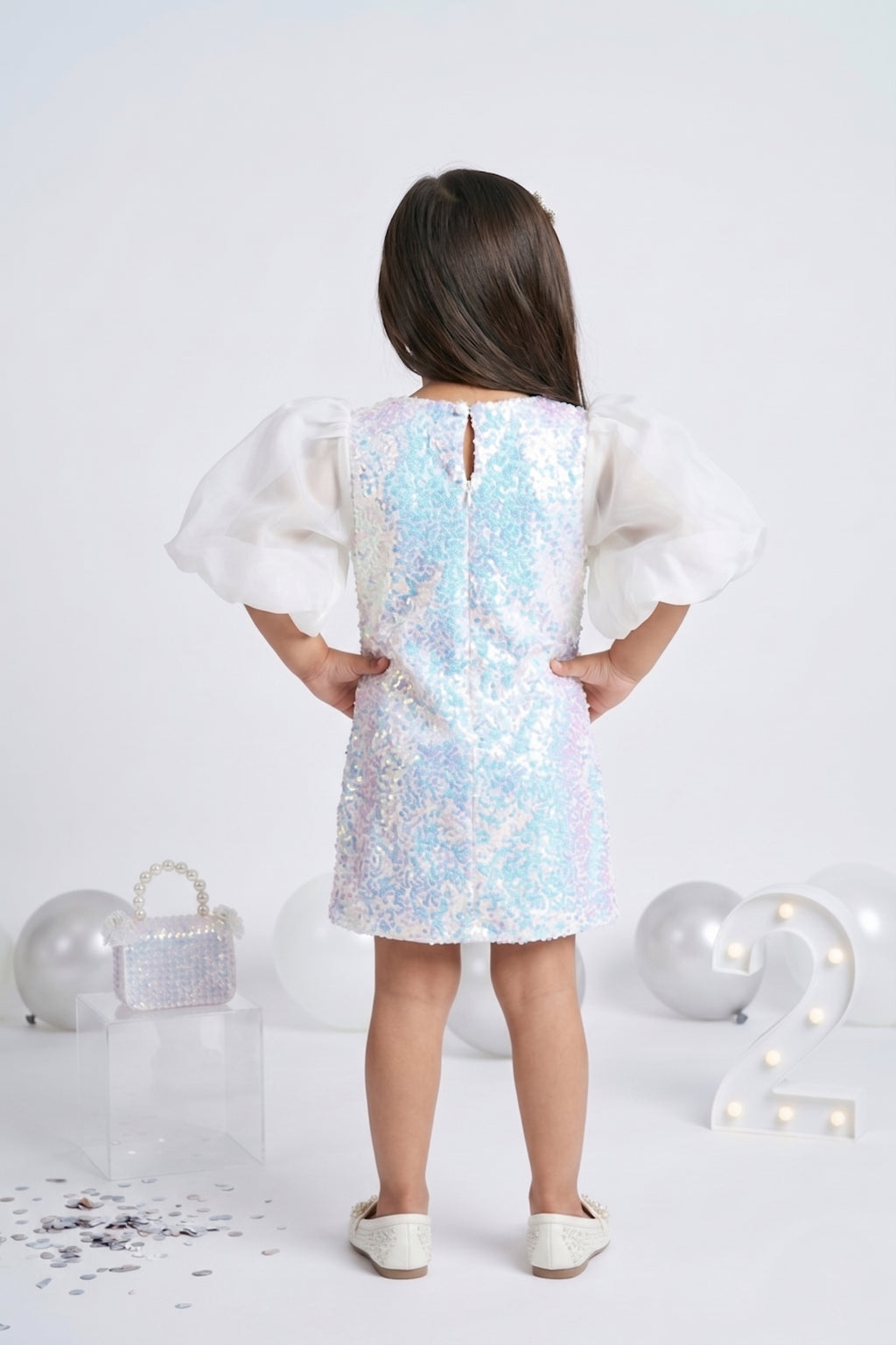 Off-White Sequin Dress with Sheer Puff Sleeves TSM30652