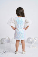 Off-White Sequin Dress with Sheer Puff Sleeves TSM30652