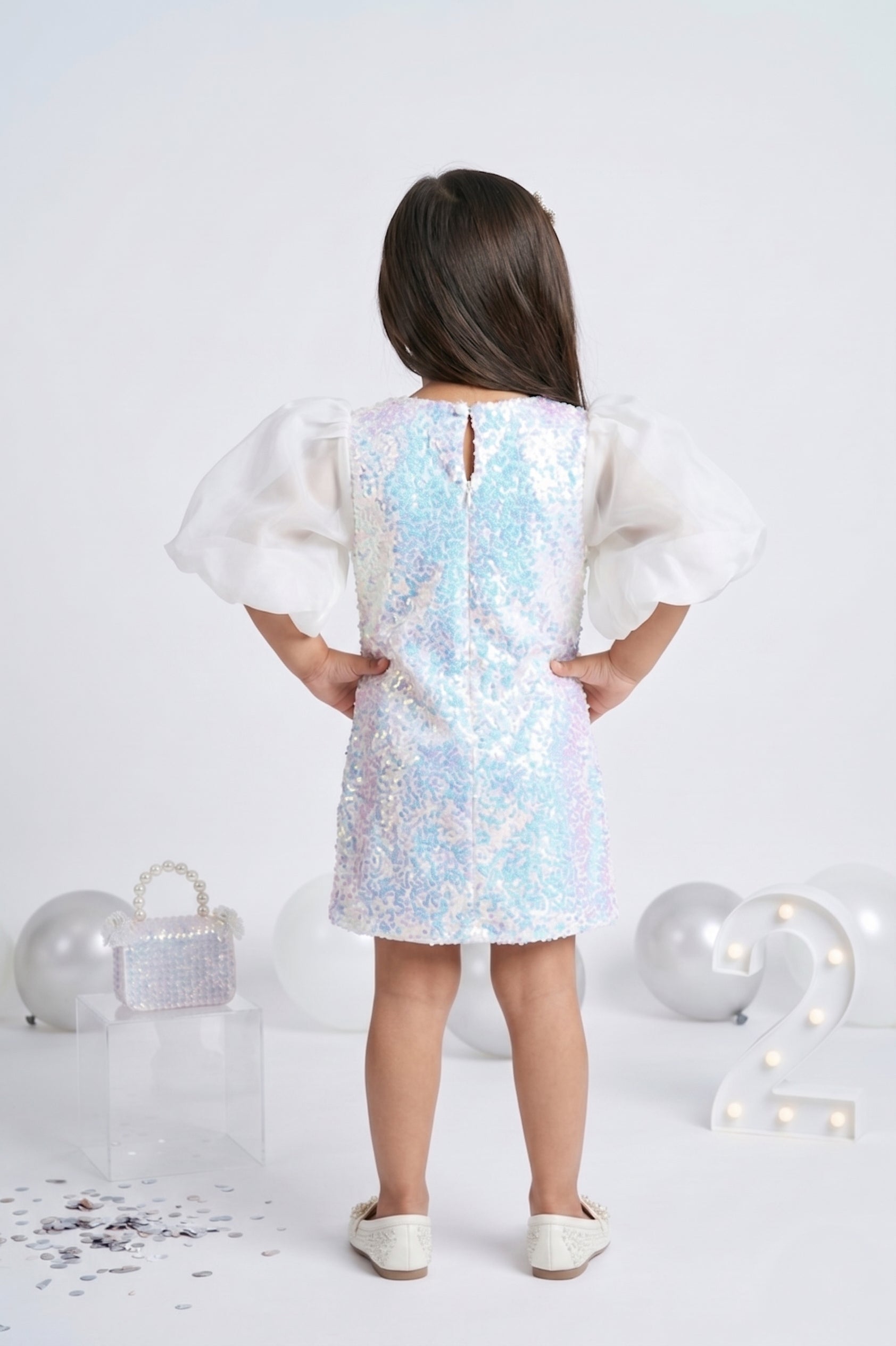 Off-White Sequin Dress with Sheer Puff Sleeves TSM30652