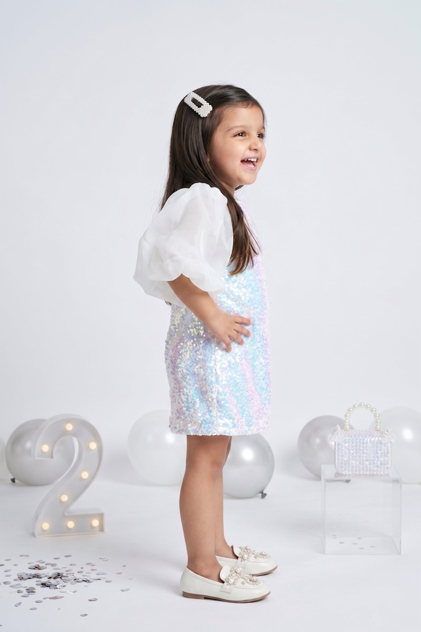 Off-White Sequin Dress with Sheer Puff Sleeves TSM30652
