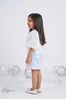 Off-White Sequin Dress with Sheer Puff Sleeves TSM30652