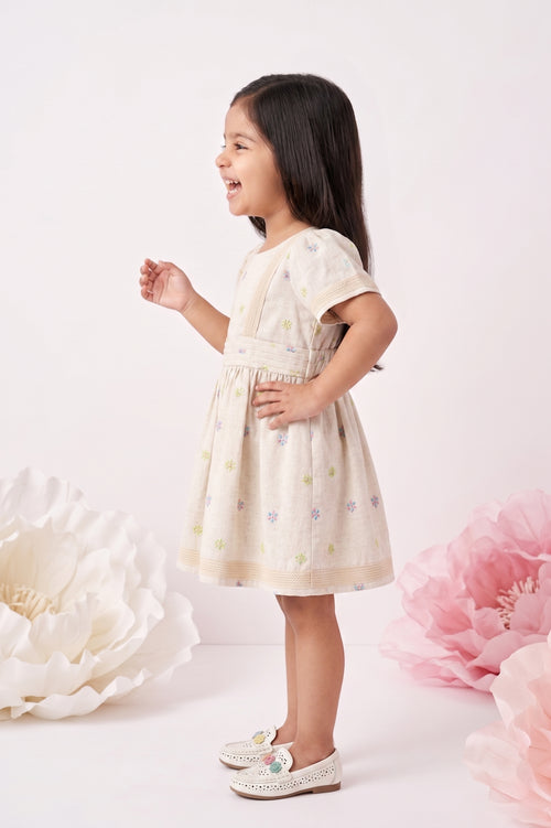 Girls Beige Floral Embroidered Smocked Dress TSM30666