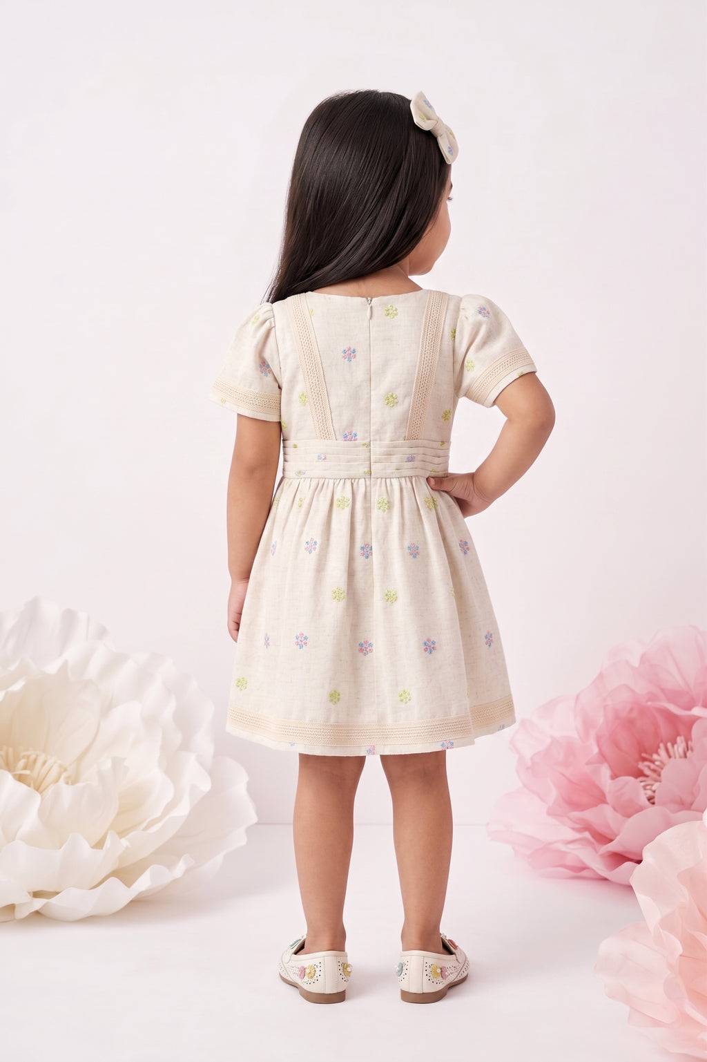 Girls Beige Floral Embroidered Smocked Dress TSM30666
