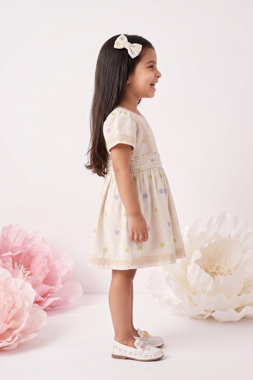 Girls Beige Floral Embroidered Smocked Dress TSM30666