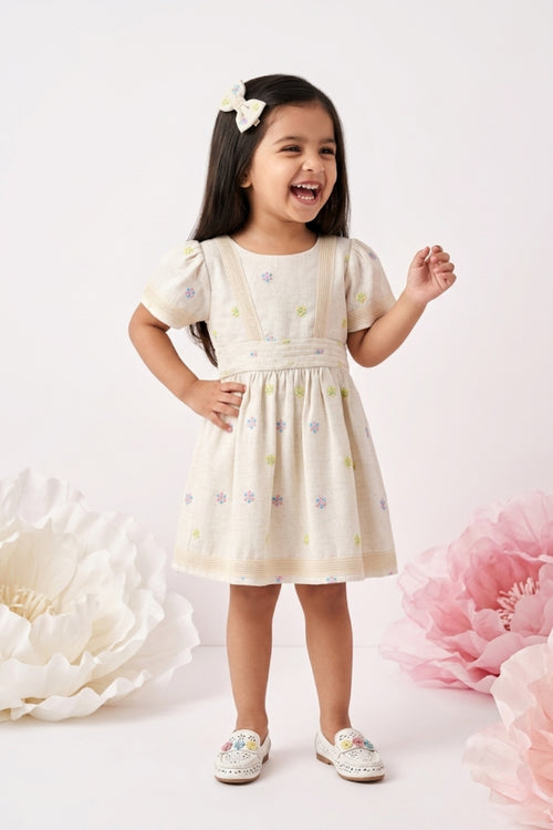 Girls Beige Floral Embroidered Smocked Dress TSM30666