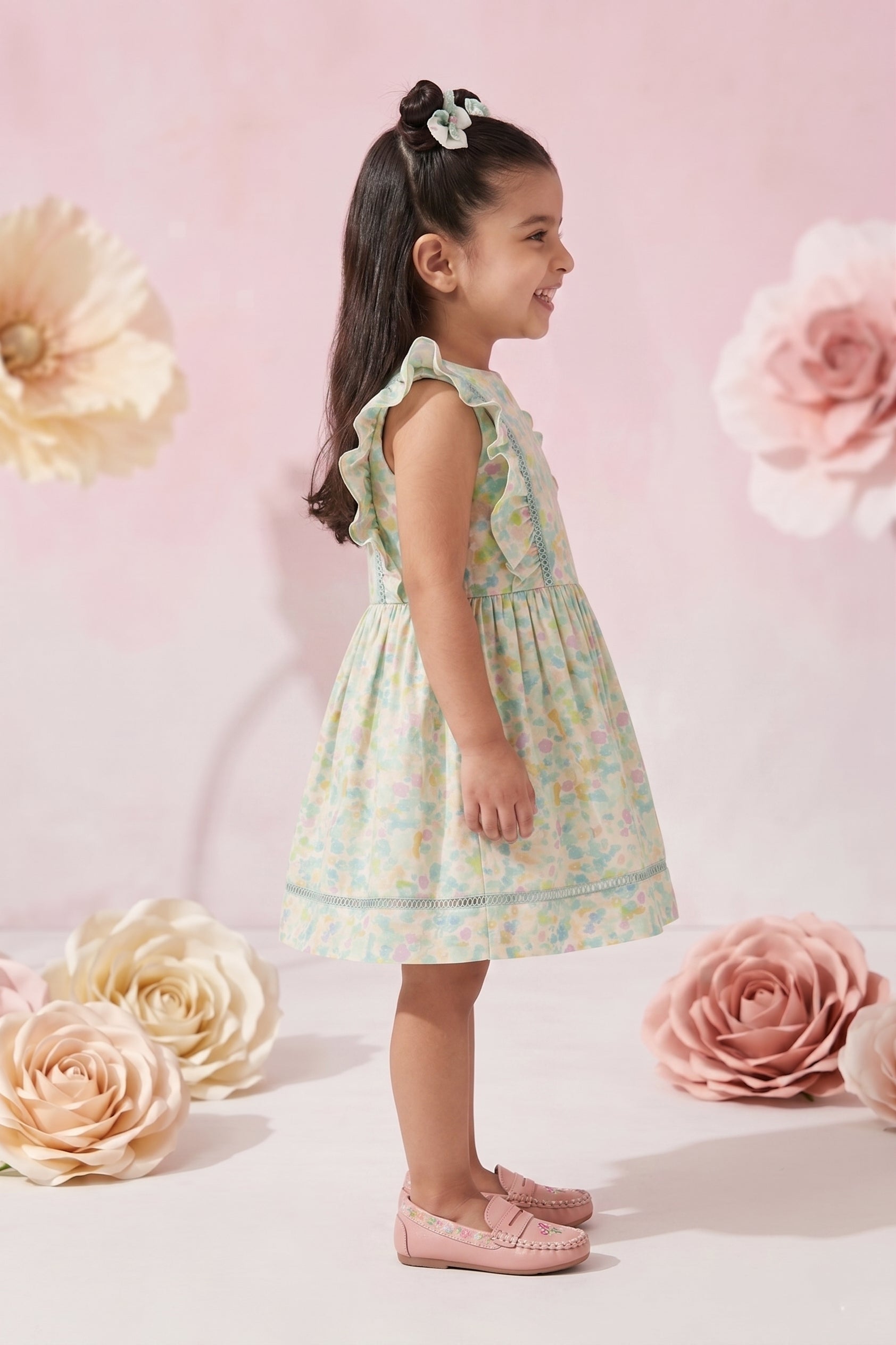 Girls Pastel Floral Ruffle Sleeve Dress TSM30669