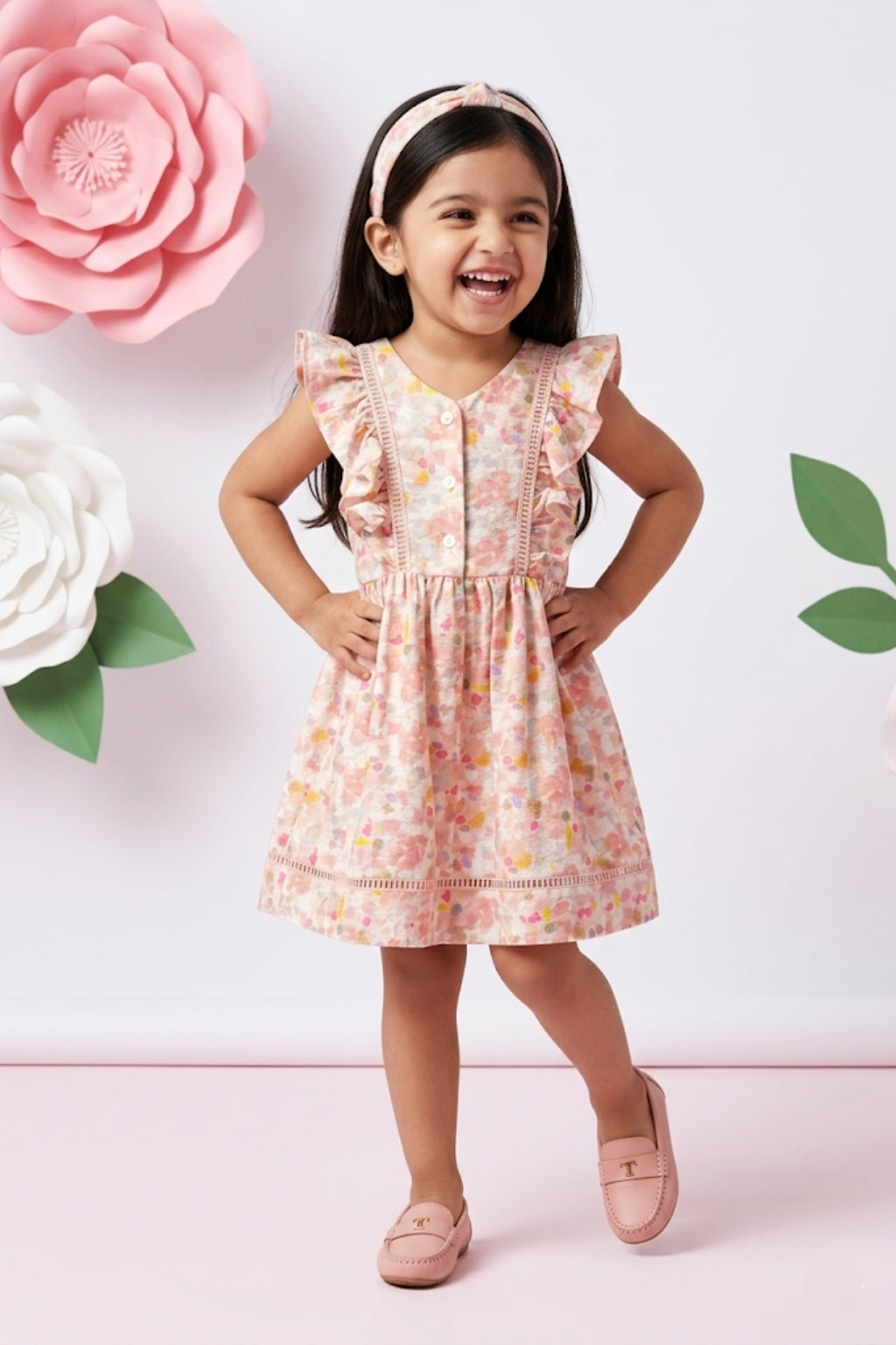 Girls Pink Floral Ruffle Dress TSM30669