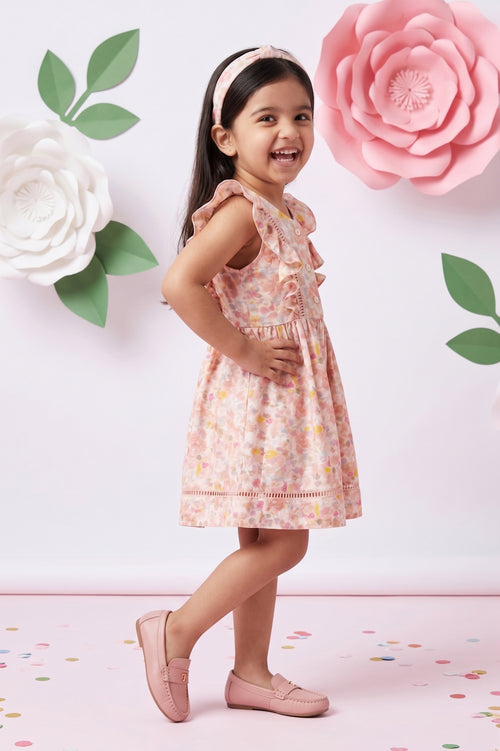 Girls Pink Floral Ruffle Dress TSM30669