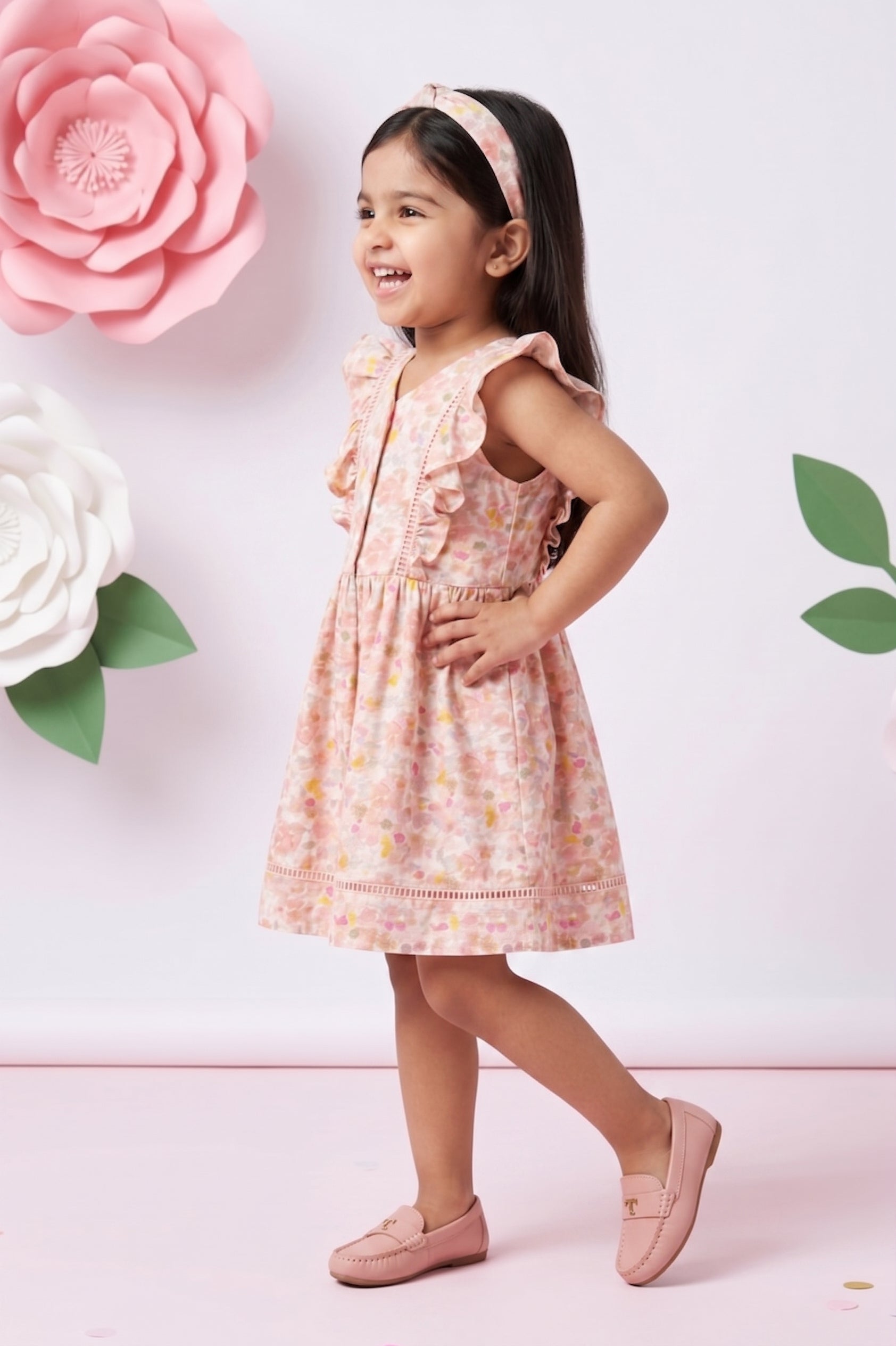 Girls Pink Floral Ruffle Dress TSM30669