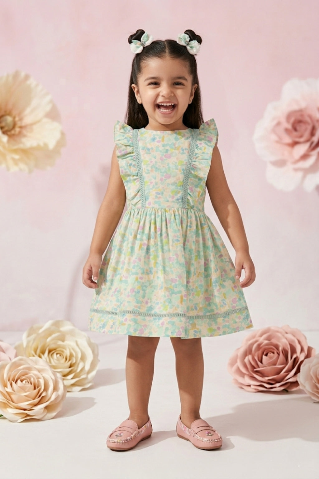 Girls Pastel Floral Ruffle Sleeve Dress TSM30669
